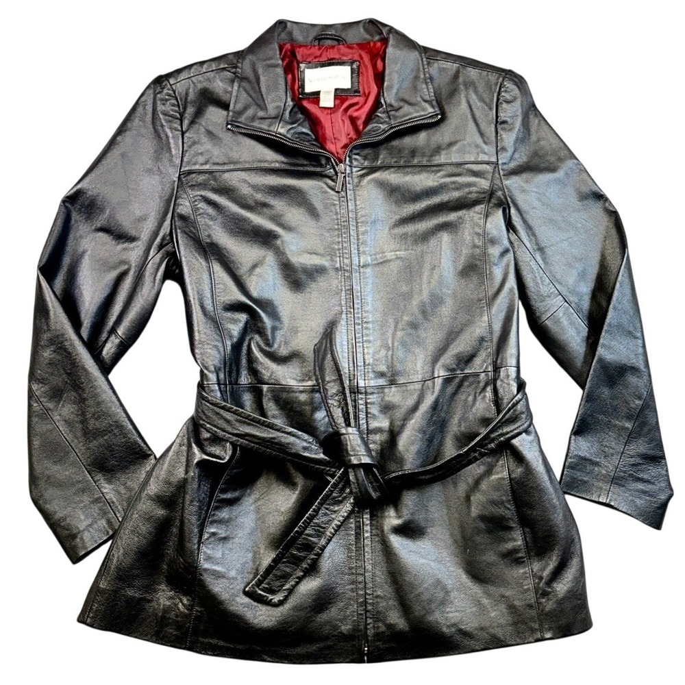 Worthington Womens Black Genuine Leather Belted Zip Up Jacket Red Lining Size XL